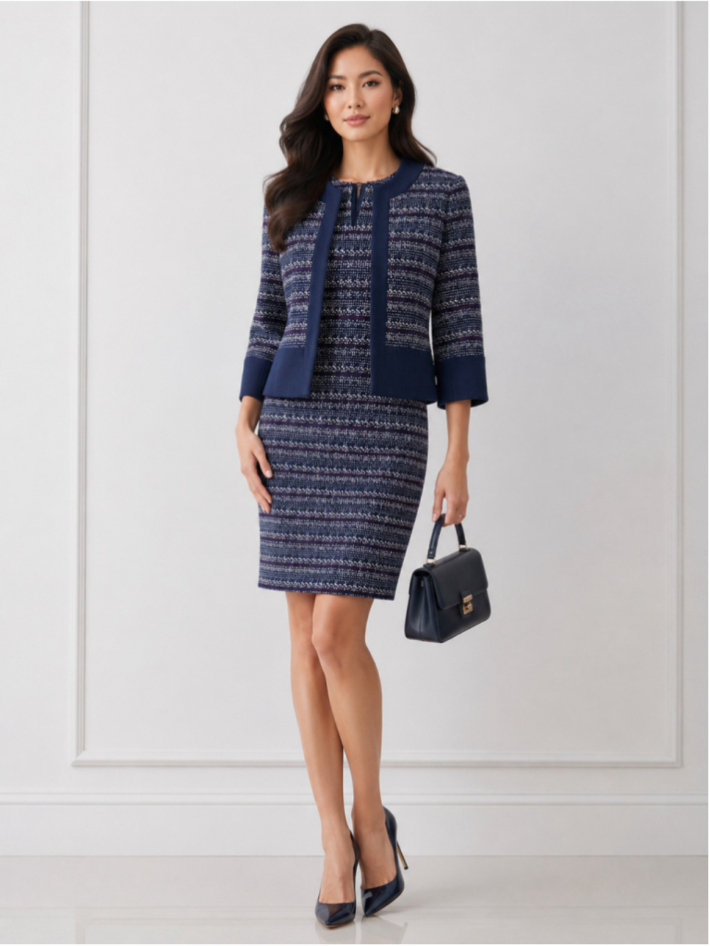 St. John Couture Tweed Suit Jacket and Dress Set, Size 2, Blue and White